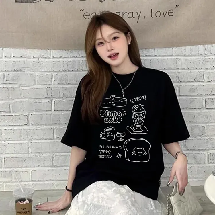 2025夏季韩系小猫蛋糕印花纯棉短袖休闲男女百搭上衣#T019722