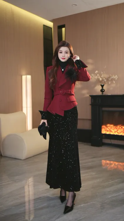 罗曼定制 高定原创冬红色厚款时尚腰带收腰上衣+鱼尾半身裙套装女