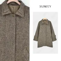 JIUNCCY【牛津】100羊毛肌理感小方格叠领暗门襟中长款大衣52YWT082