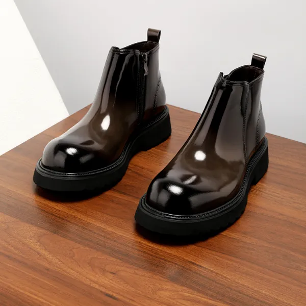 英伦亮面马丁靴潮切尔西靴男靴真皮大头短靴男士厚底加绒男靴冬季