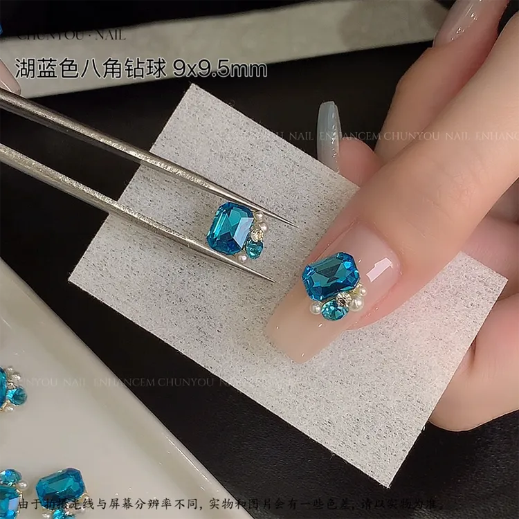 美甲饰品蓝色成品堆钻球新款超闪湖蓝色小方糖长八角钻球美甲堆钻