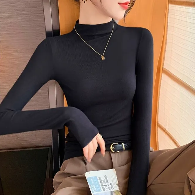 拉夏贝尔半高领黑色打底衫女内搭春秋季洋气修身显瘦长袖T恤上衣