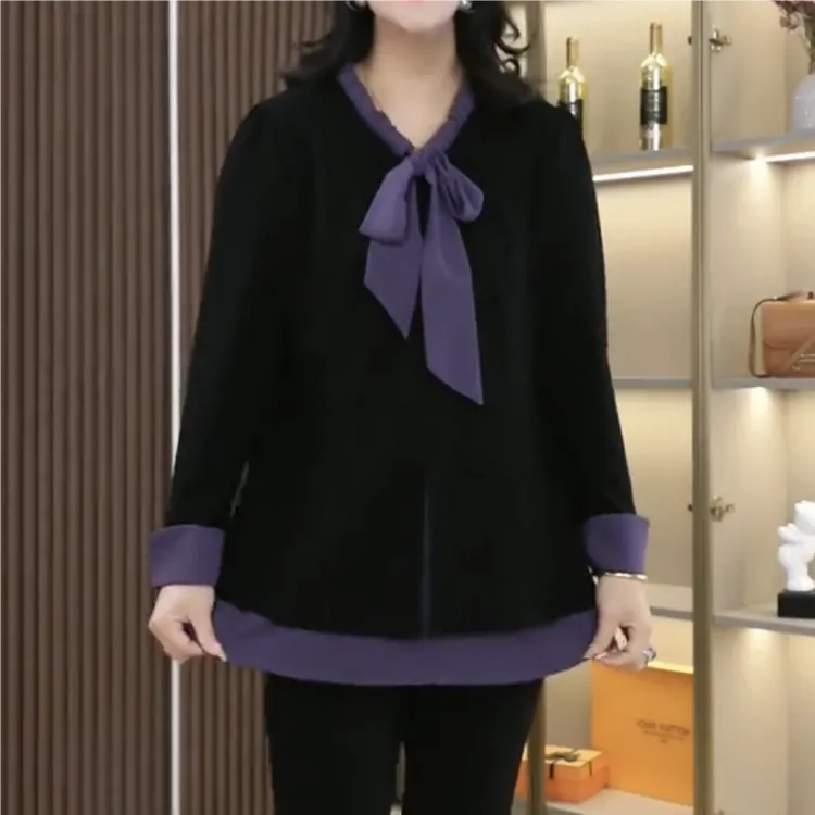 丹思慕秋季新款大码气质洋气显瘦休闲宽松蝴蝶结百搭上衣ZB6559