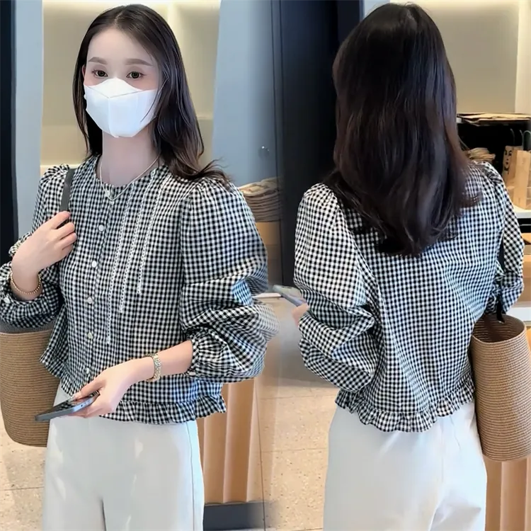 一眼心动~温柔法式木耳边格子长袖衬衫女春季新款复古宽松小衫潮