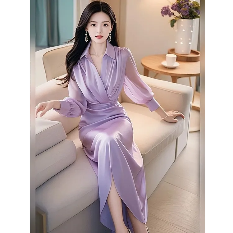 正式场合御姐风情万种的收腰显瘦长袖气质紫色连衣裙子女春装长裙