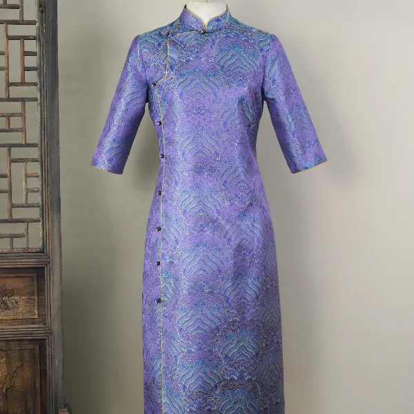 新粉入【紫海水江崖纹】宋锦新中式时尚改良连衣裙