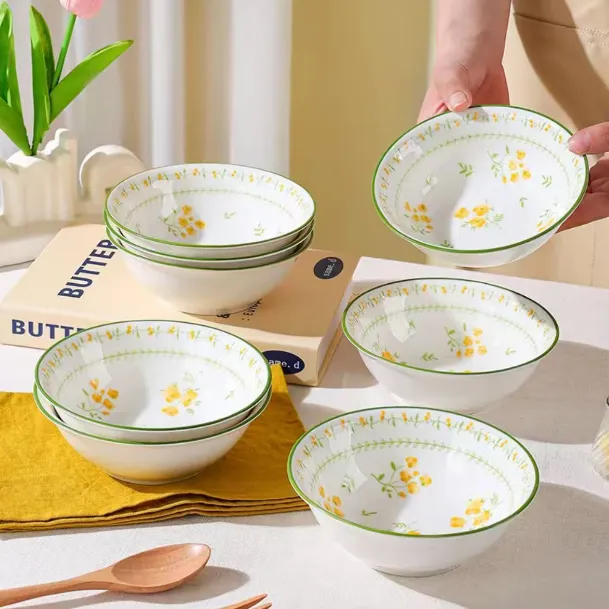 【4只装】春意盎然6英寸陶瓷面碗家用吃饭碗喝粥碗釉下彩餐具汤碗