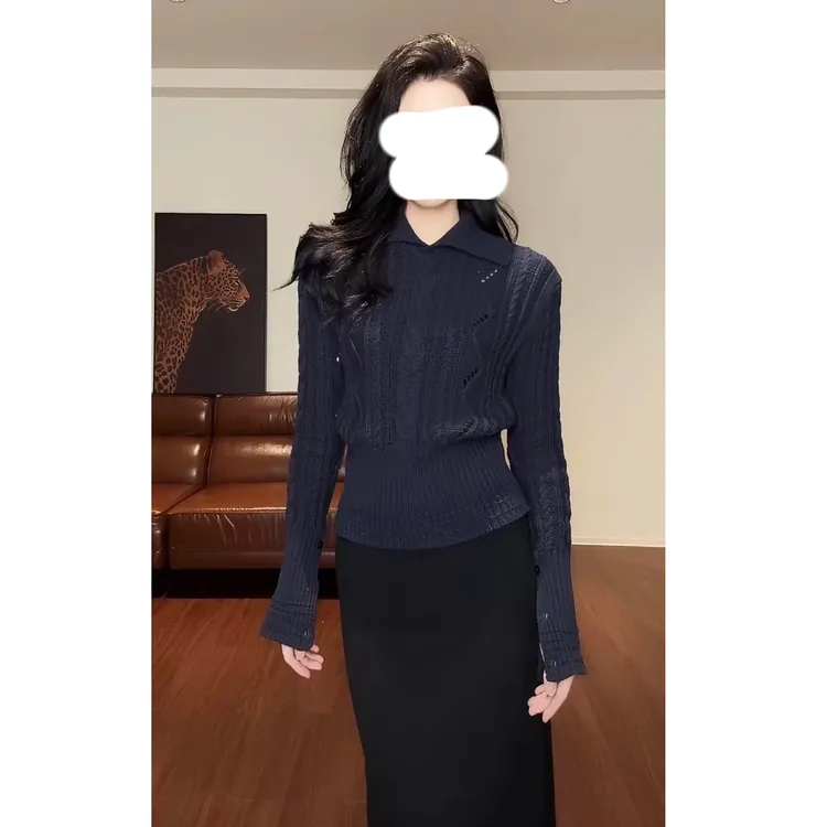 翻领麻花下摆收腰显瘦百搭针织毛衣半身裙松紧腰长裙套装S11174