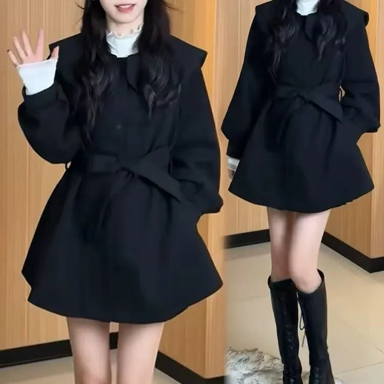 冬季大码女装气质加棉娃娃领腰带风衣外套呢大衣