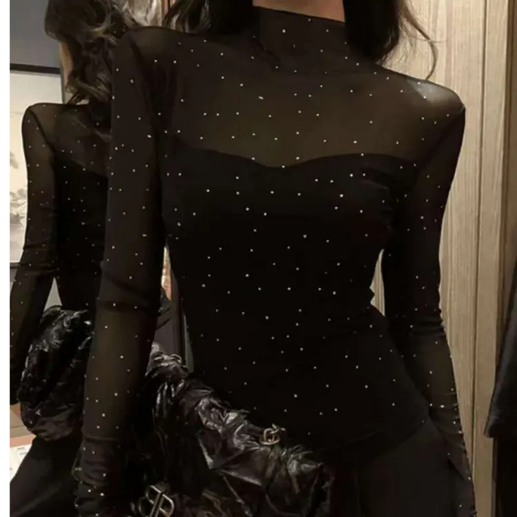 波点烫钻半高领蕾丝打底衫女洋气早秋季辣妹秋冬短款镂空网纱上衣
