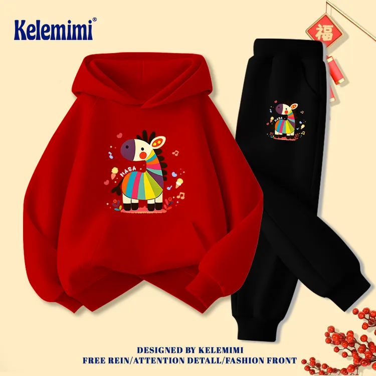 儿童红色卫衣套装秋冬加绒2026马年本命年衣服男女童过新年拜年服