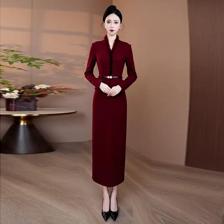 加厚毛呢连衣裙女2025秋冬真水貂毛拼接新款显瘦裙子气质修身长裙