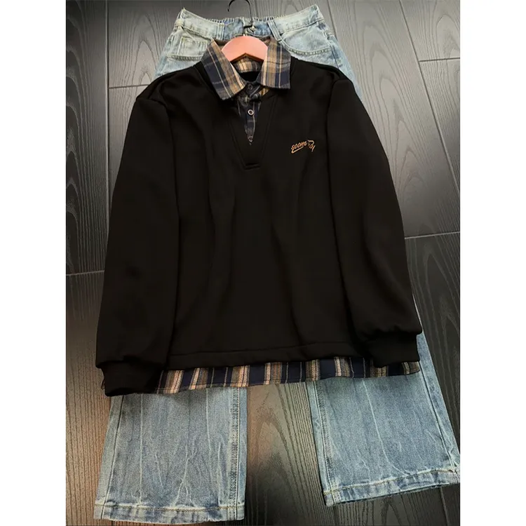 美式复古假两件拼接格子卫衣刺绣秋冬加绒男翻领套头长袖痞帅T恤