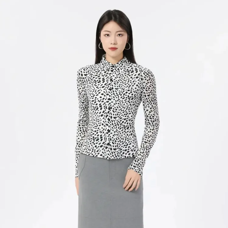 GIRDEAR/哥弟新款黑白斑点翻领单排扣修身气质时尚衬衫1300782