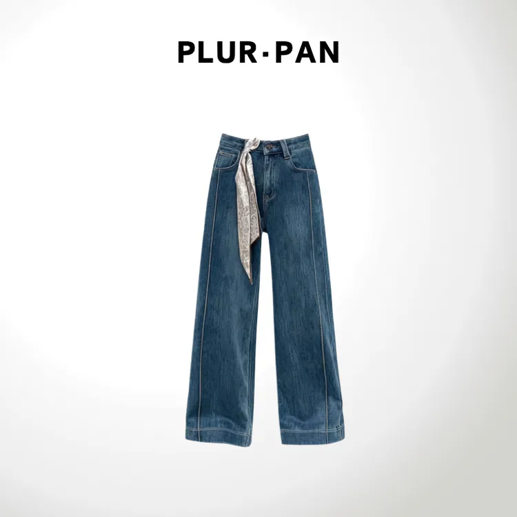 PLUR·PAN【单宁松弛】简约高腰复古配丝巾明线水洗牛仔裤