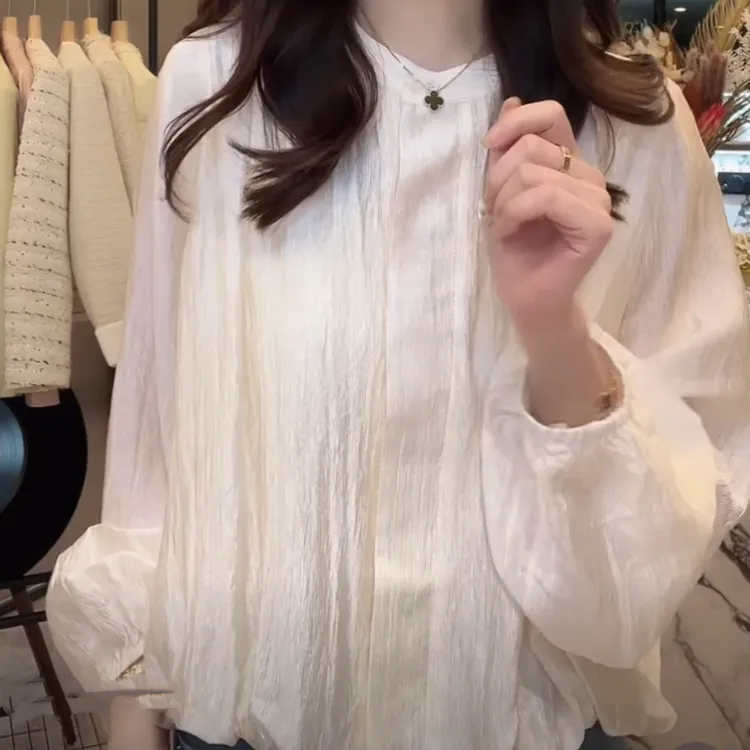 设计感纽扣纯色圆领衬衫女2025春季爆款洋气优雅风外穿长袖衬衣