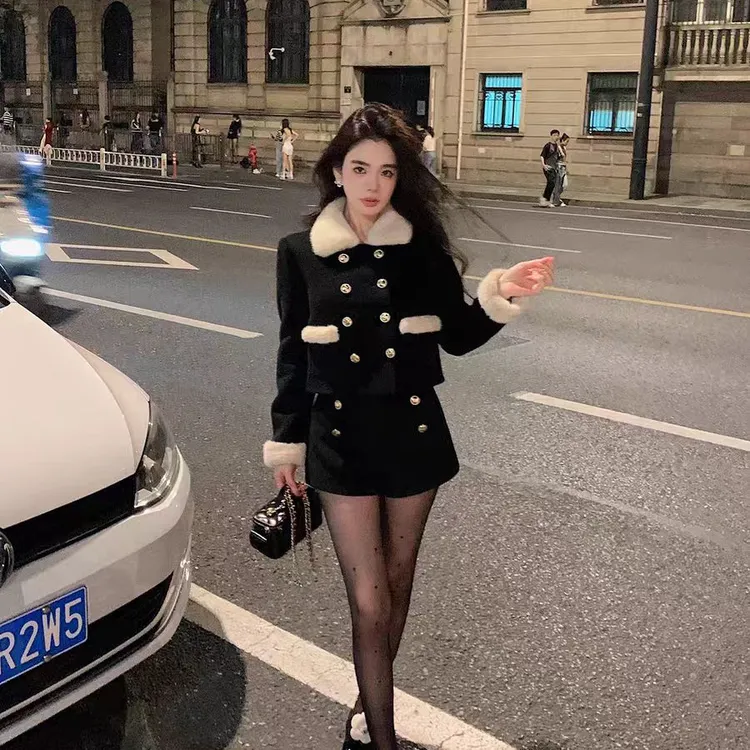 法式小香风秋季套装女款高级感轻奢黑色短款毛呢外套女纯欲风短裤