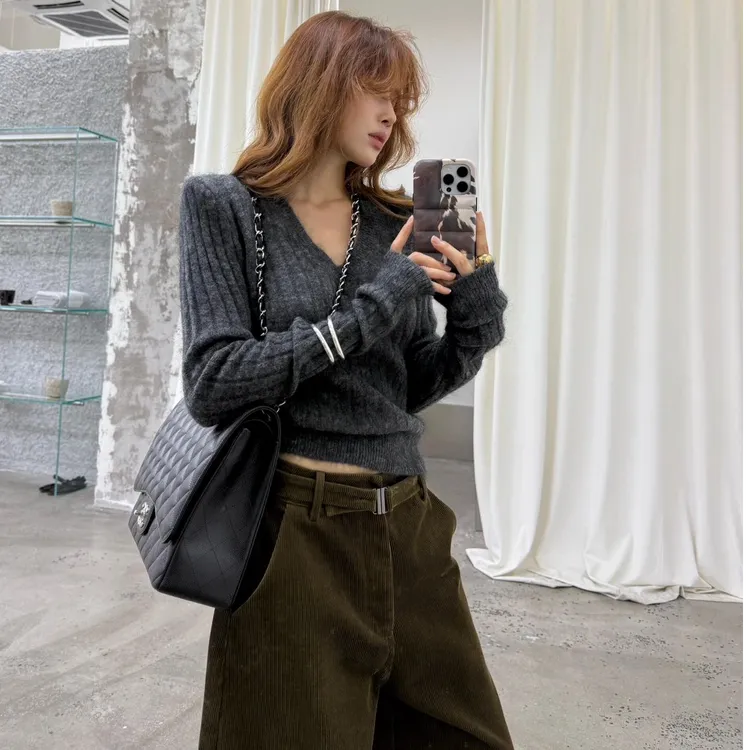 慵懒风洋气针织长袖V领外穿上衣气质显瘦百搭休闲宽松长裤两件套