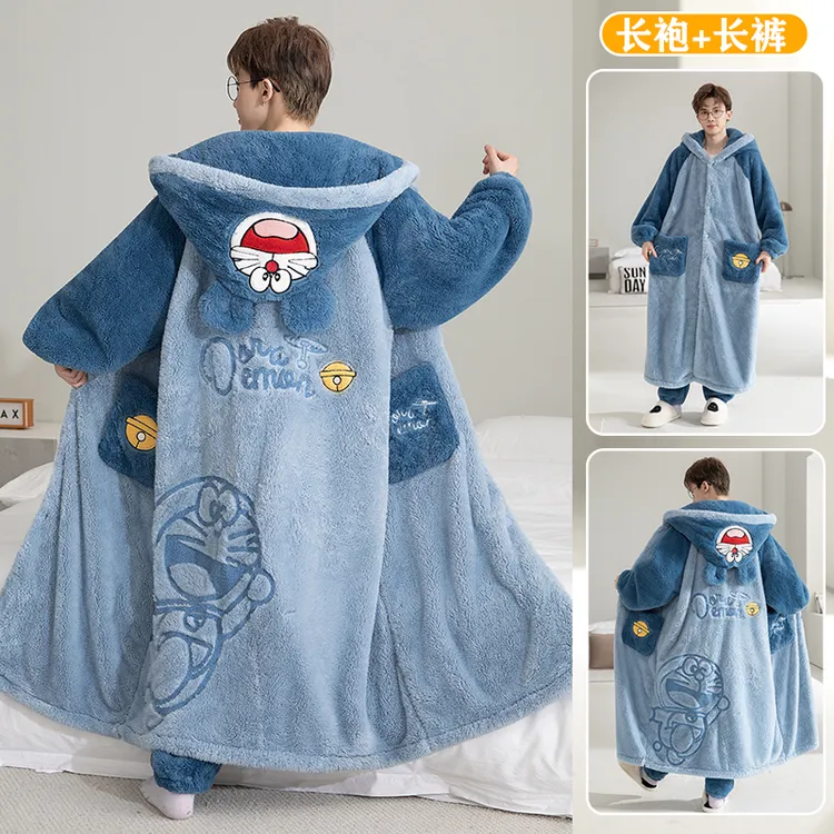 男士青少年睡衣冬季加绒加厚珊瑚绒卡通睡袍套装秋冬家居服可外穿