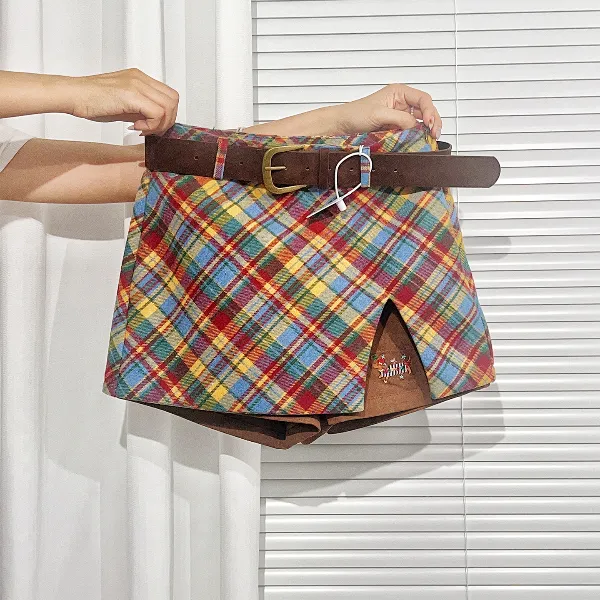 【配腰带】大码胖MM圣诞节彩色格子开叉A字短裙裤高腰显瘦女包臀裙