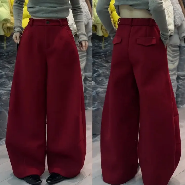 红色简约大气弯刀休闲裤子2025年冬季新款加绒显瘦宽松阔腿裤