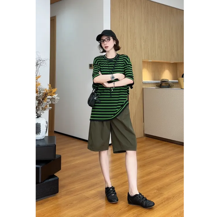 YYOUHAN 2025夏季极简风撞色大版亲肤条纹醋酸百搭T恤 2505C2621