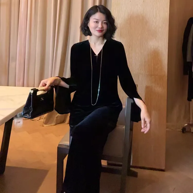 TANTAN 气质显瘦长袖百搭秋季真丝绒连衣裙LL 2599长袖版