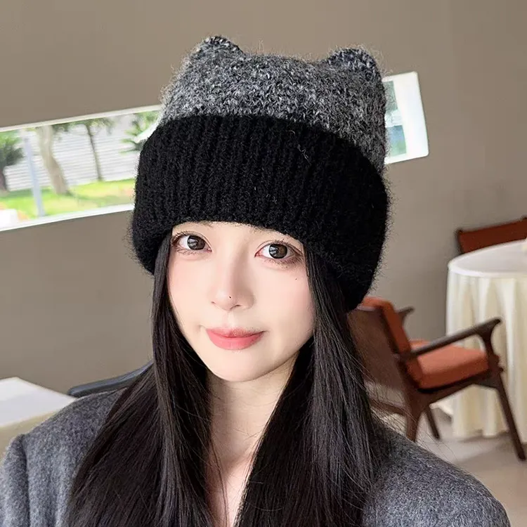 猫耳朵帽子女秋冬毛线帽大头围可爱保暖冷帽显脸小防寒护耳针织帽