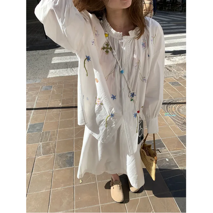 彩色刺绣花边度假宽松法式白色衬衫中长款半身裙两件套装00025
