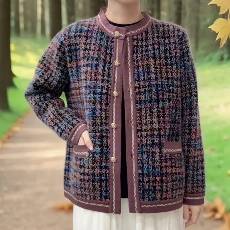 秋冬时尚洋气中老年大码女装加绒加厚小香风遮肉显瘦妈妈装开衫