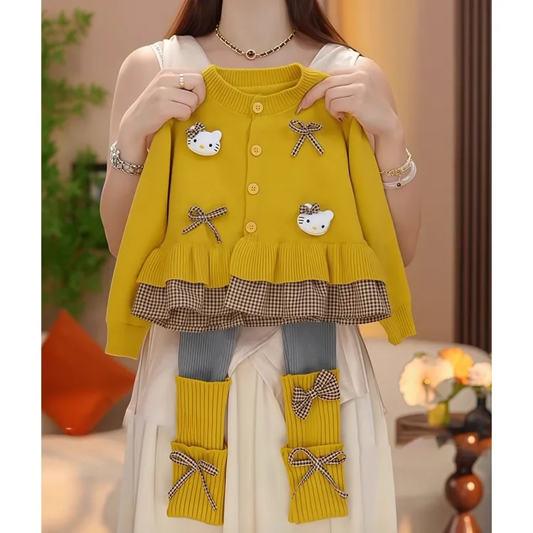 女童KT猫套装春秋季2025新款儿童针织毛衣秋装女大童打底裤两件套