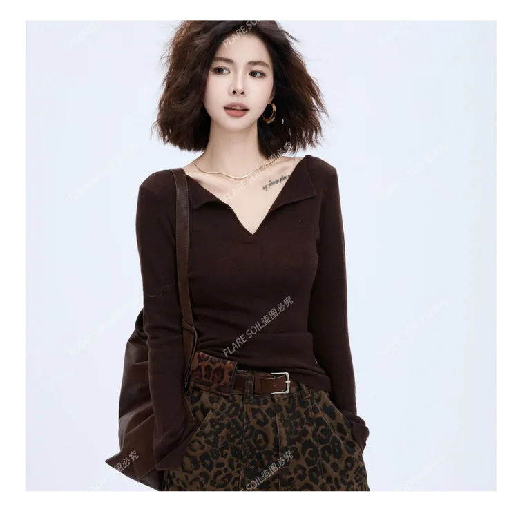 【FLARE SOIL】(现货)复古法式优雅V领翻领针织休闲长款上衣 T4598A