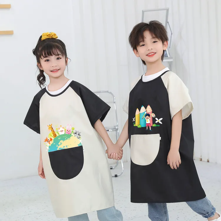 儿童画画罩衣短袖防水围裙宝宝吃饭围兜夏幼儿园美术薄款绘画护衣