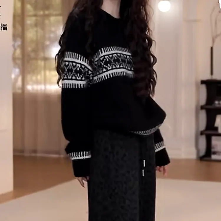 2025新款时尚百搭宽松圆领费尔岛毛衣女秋冬休闲复古长袖针织衫