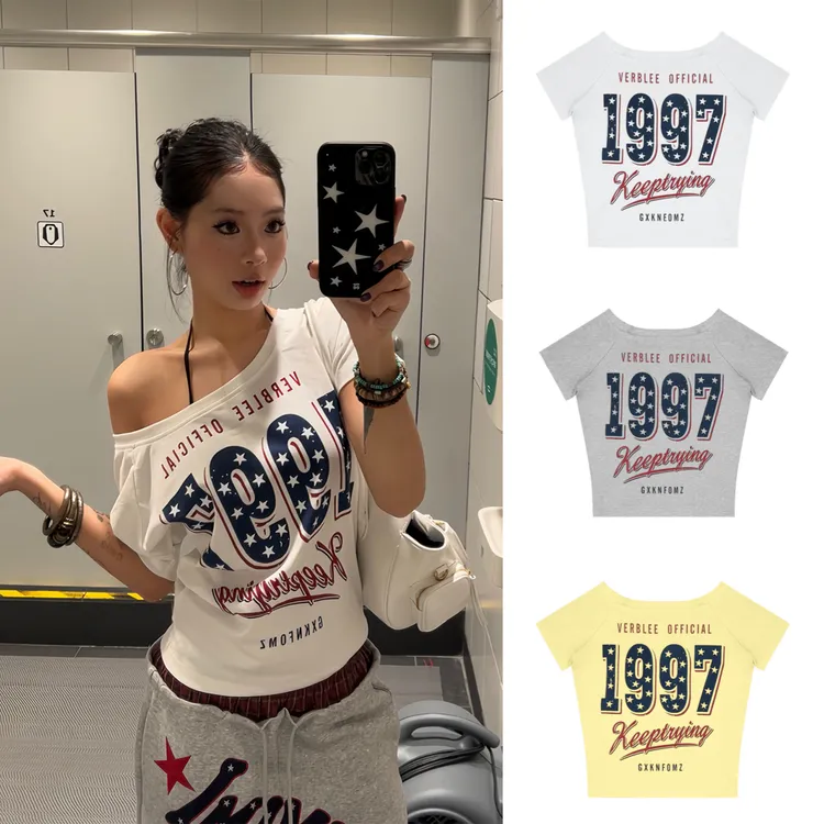 美式复古斜肩短袖女夏季星星字母印花辣妹t恤宽松白色露肩上衣潮