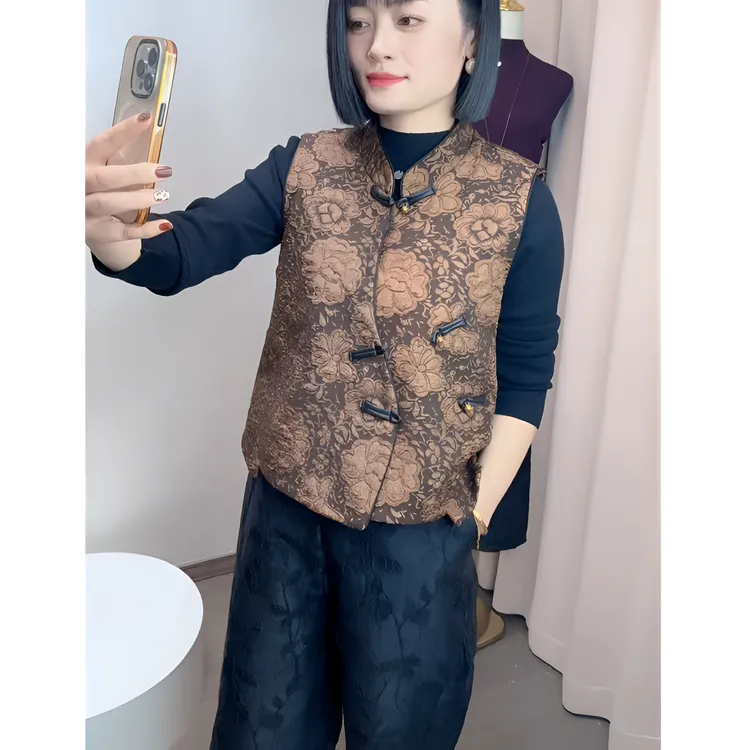 织锦加棉复古国风标准女厚款免烫冬季马夹花色提花棉衣马甲