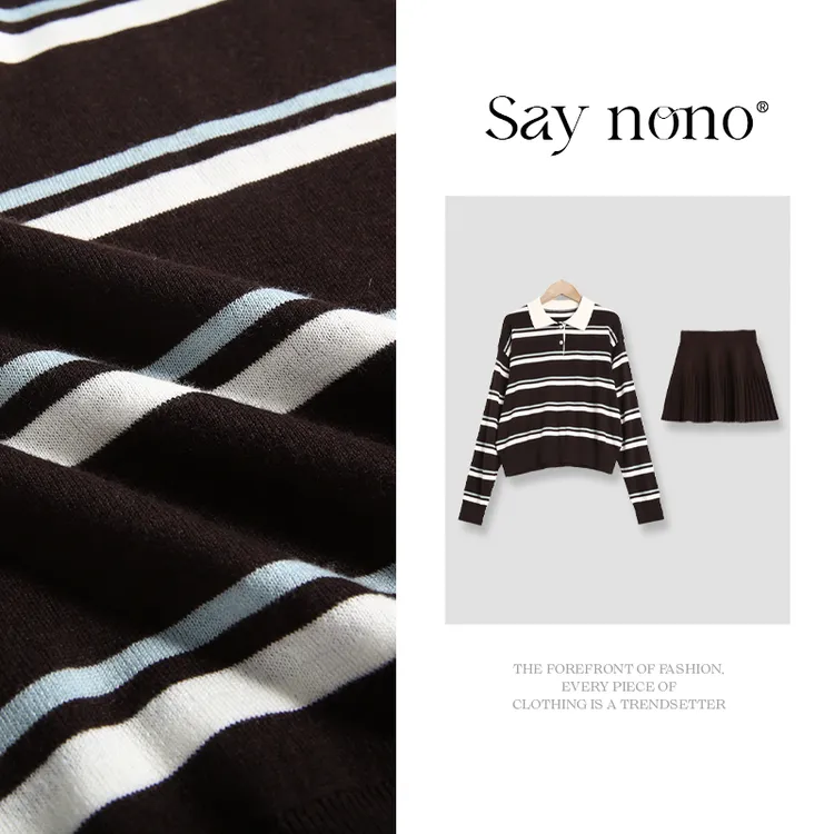 懒猫nono│Saynono 韩系polo领撞色羊毛针织条纹上衣+半裙/XXK8082