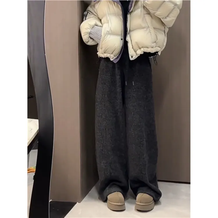 黑灰色冬季新款欧货磨毛质感阔腿裤女加厚抽绳松紧腰垂感休闲裤女