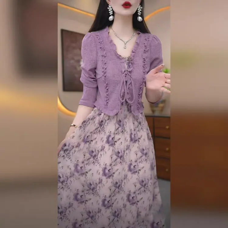 高档轻羽丝外衫背心裙两件套2025秋季新款收腰显瘦时尚百搭礼服裙