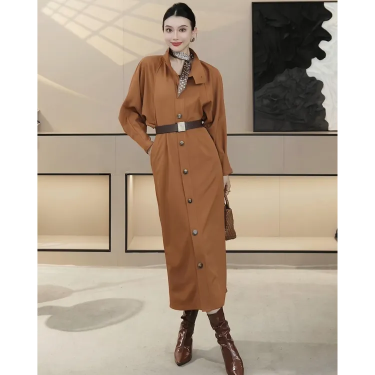 [京京]2025轻奢风气质纯色长袖中长款连衣裙HBZX710023