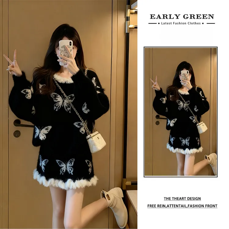 蝴蝶印花拼接花边设计感针织套装女2025秋冬慵懒风显瘦减龄两件套