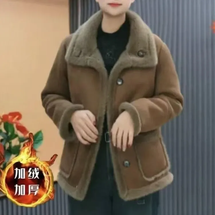 秋冬女款女士宽松加厚短休闲保暖外套皮毛冬季韩版百搭双面穿上衣