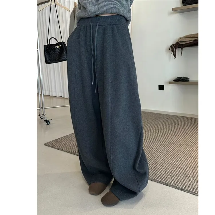 高级灰裤子女秋冬加绒保暖弯刀裤女宽松加厚潮牌卫裤休闲阔腿裤子