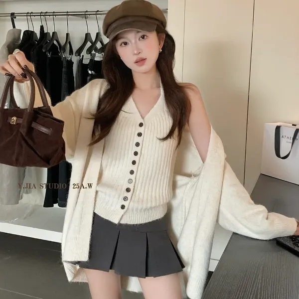 韩系慵懒针织开衫外套挂脖吊带背心两件套秋冬高级感软糯毛衣套装