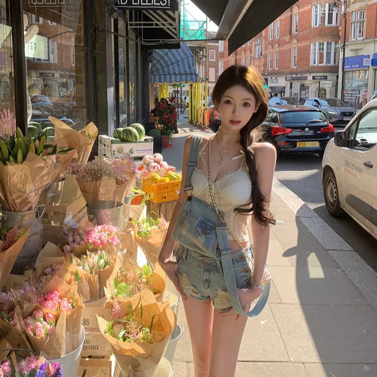 【英区留学生】韩系甜美少女学院风高级感背带裤配显瘦收腰吊带套装