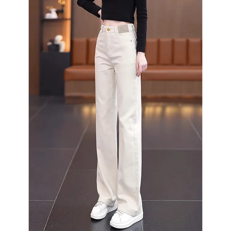 拉夏贝尔米白色软牛仔直筒裤女春秋2025年新款裤子休闲窄版阔腿裤