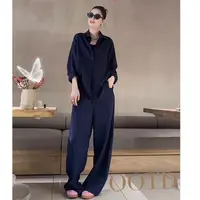 欧货老钱风套装女藏青色慵懒宽松衬衫阔腿休闲裤送披肩三件套