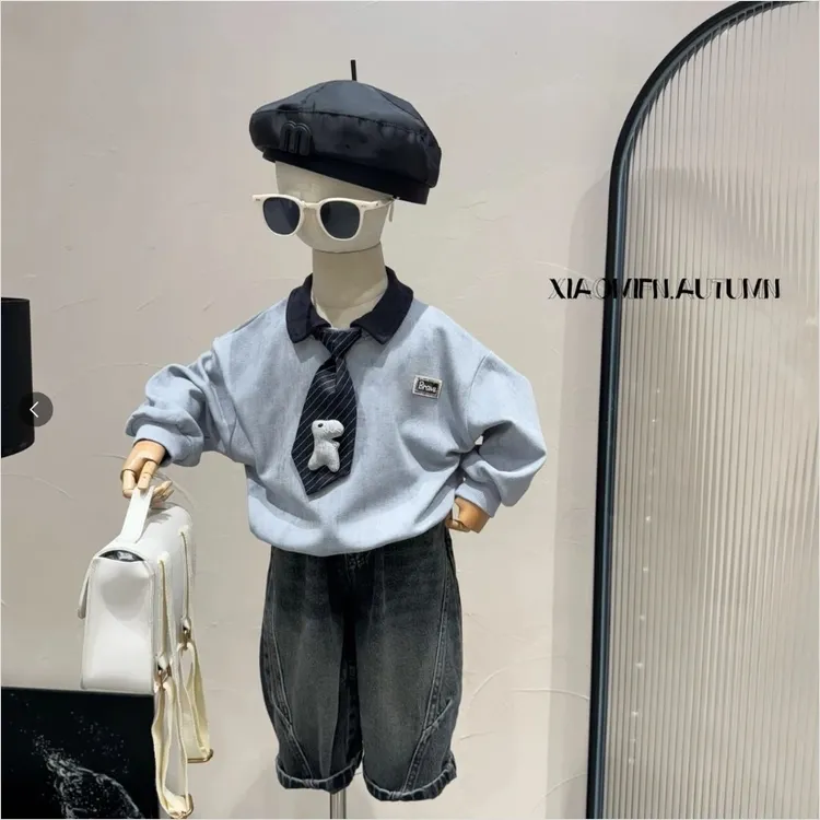 男童2025秋季新款卫衣套装儿童韩版POLO卫衣洋气牛仔裤潮酷两件套