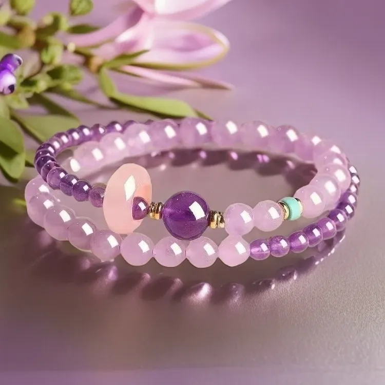 合成金属玻璃手链 薰衣草紫色双圈叠戴手链女轻奢设计ins手串百搭