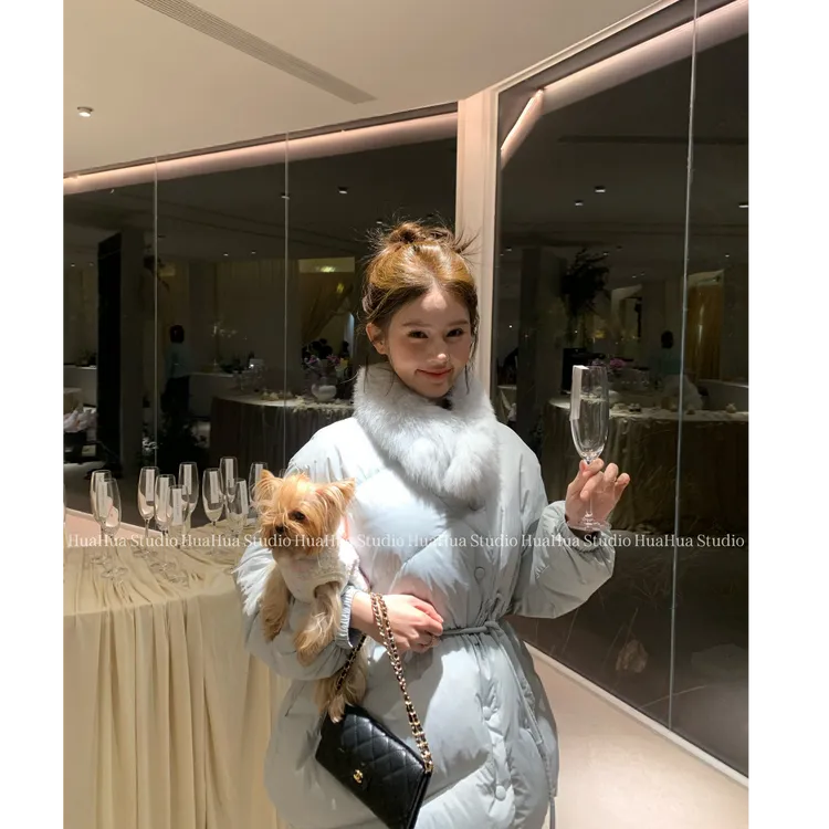【花花】北欧梦境~韩系气质配色收腰羽绒服配可拆卸真狐狸毛毛领